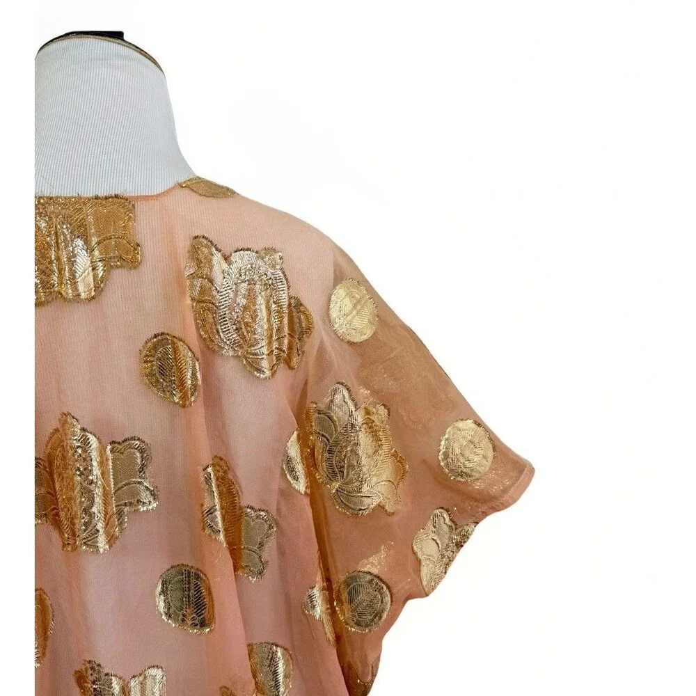 Kaftan Caftan Maxi Dress 1 Size Peach BOHO Gold Paisley Embellished Square Neck - Picture 8 of 12